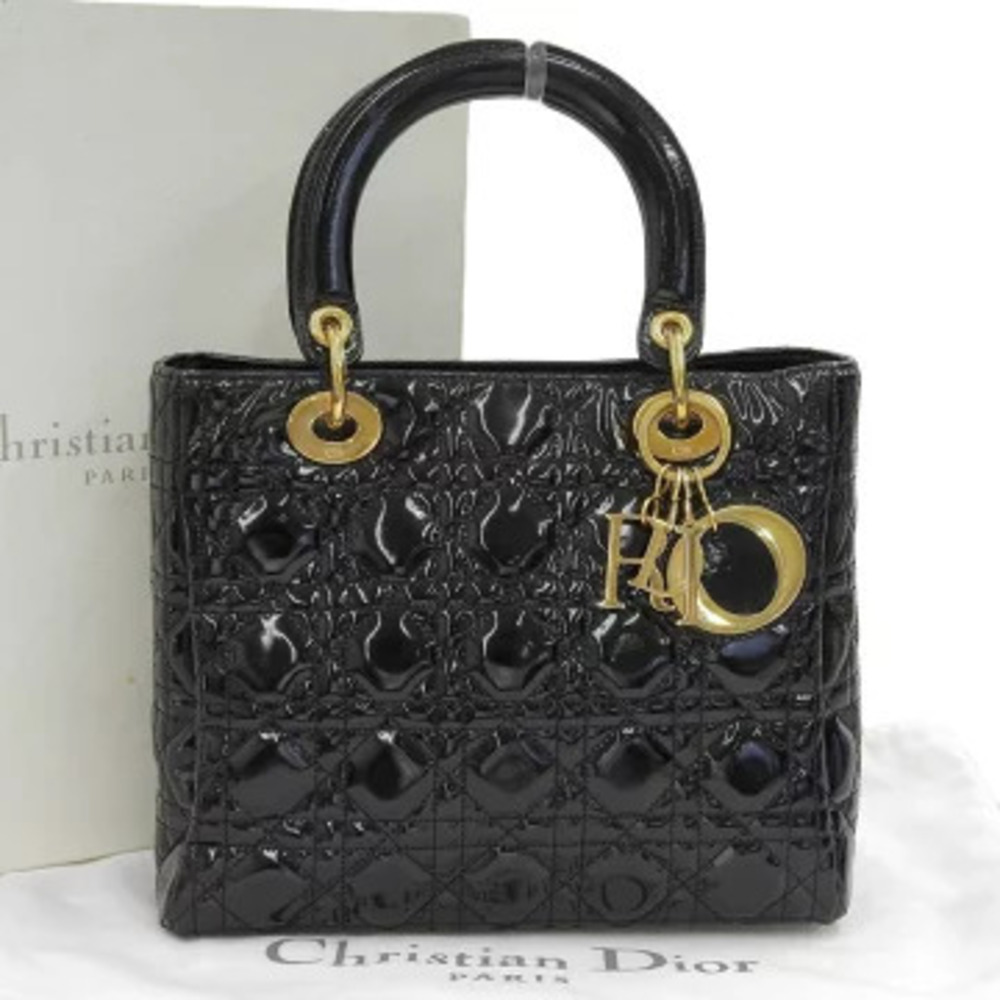 Christian Dior Lady Handbag Black Enamel Logo